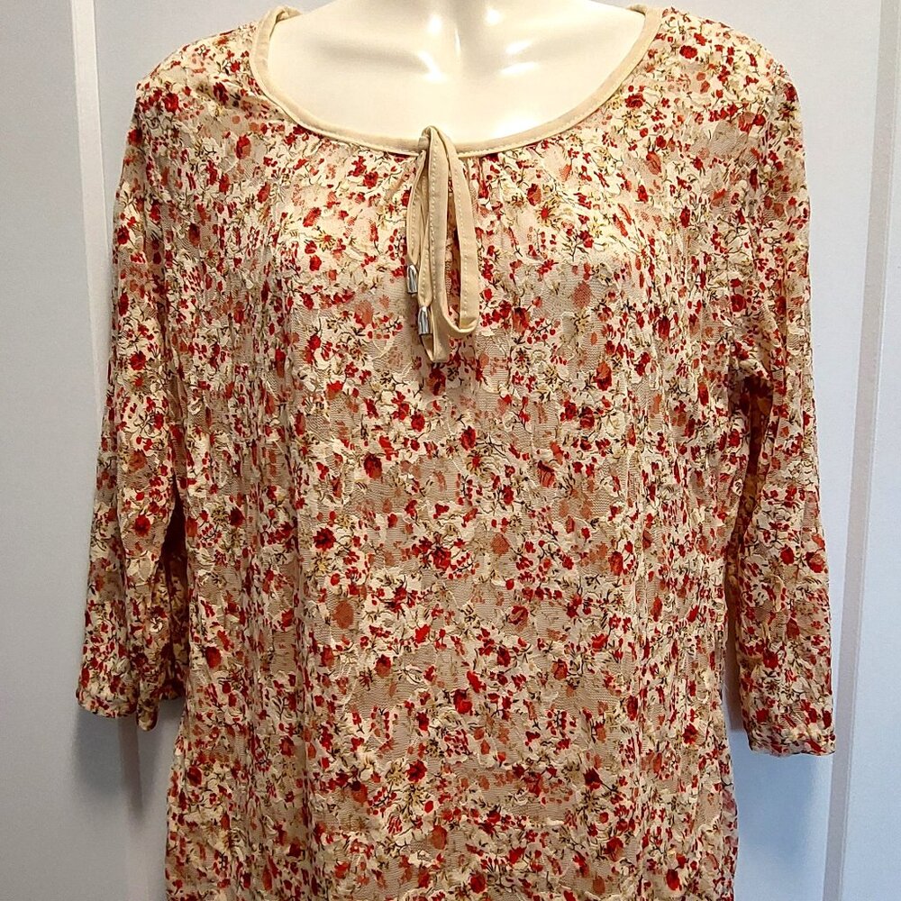 YA HONG Women's Stretch Lined Mini Floral Print Knit Top w/3/4 Sleeves - SML